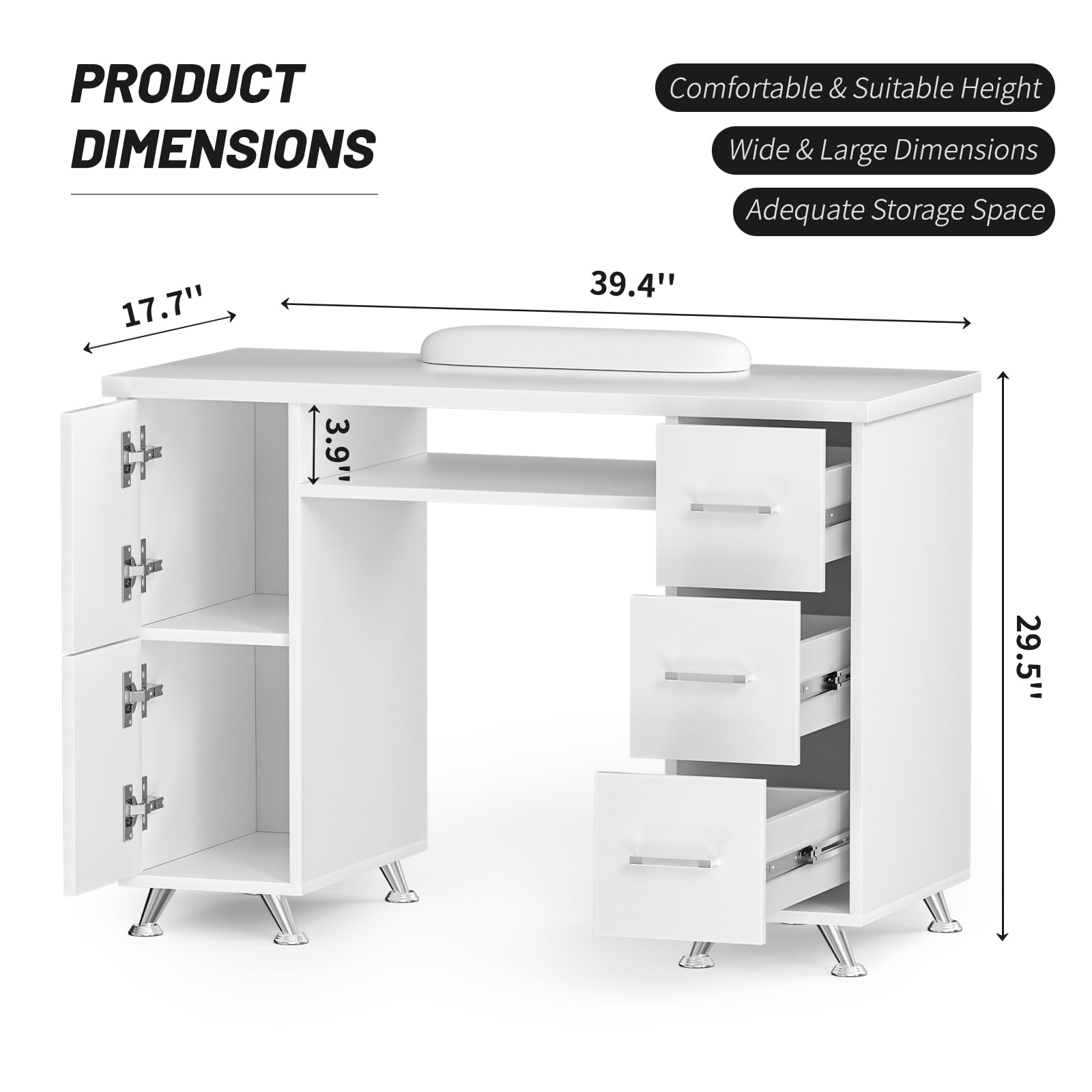 Acetone-Resistant White Nail Tech Desk - Professional Manicure Table with Wide Desktop for Salon & Home Use | Perfect for Nail Artists, DIY Enthusiasts & Spa Treatments