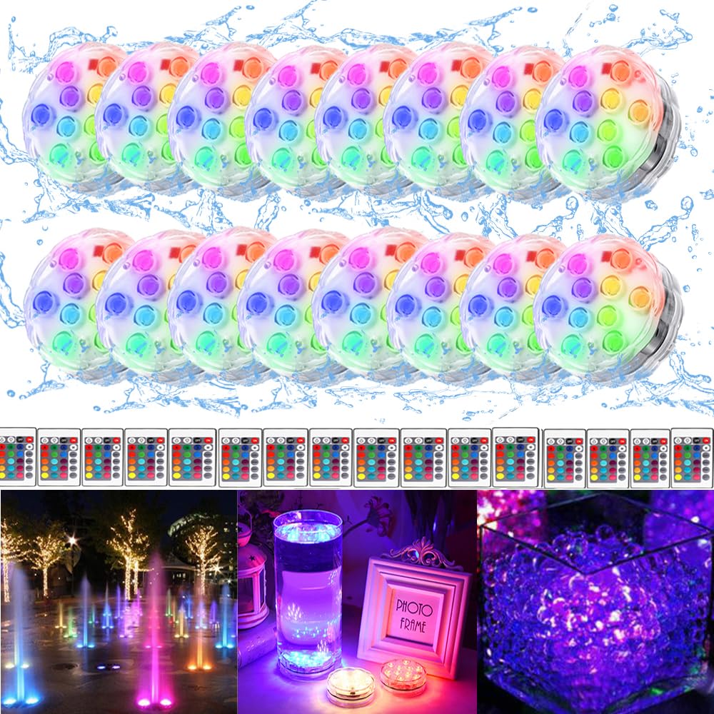 16 Color Changing Submersible LED Lights with Remote - Waterproof Pool Lights for Above Ground Pools, Aquariums & Vases - Battery Operated Pond Lights for Indoor/Outdoor Decor, Parties & Weddings