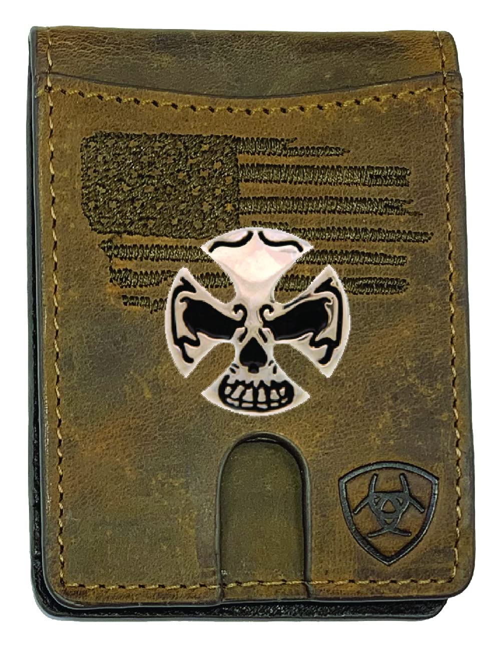 Custom Skull Ariat Faded Flag Front Pocket Wallet - Genuine Leather Bifold Wallet for Men - Perfect for Everyday Use, Travel & Outdoor Adventures
