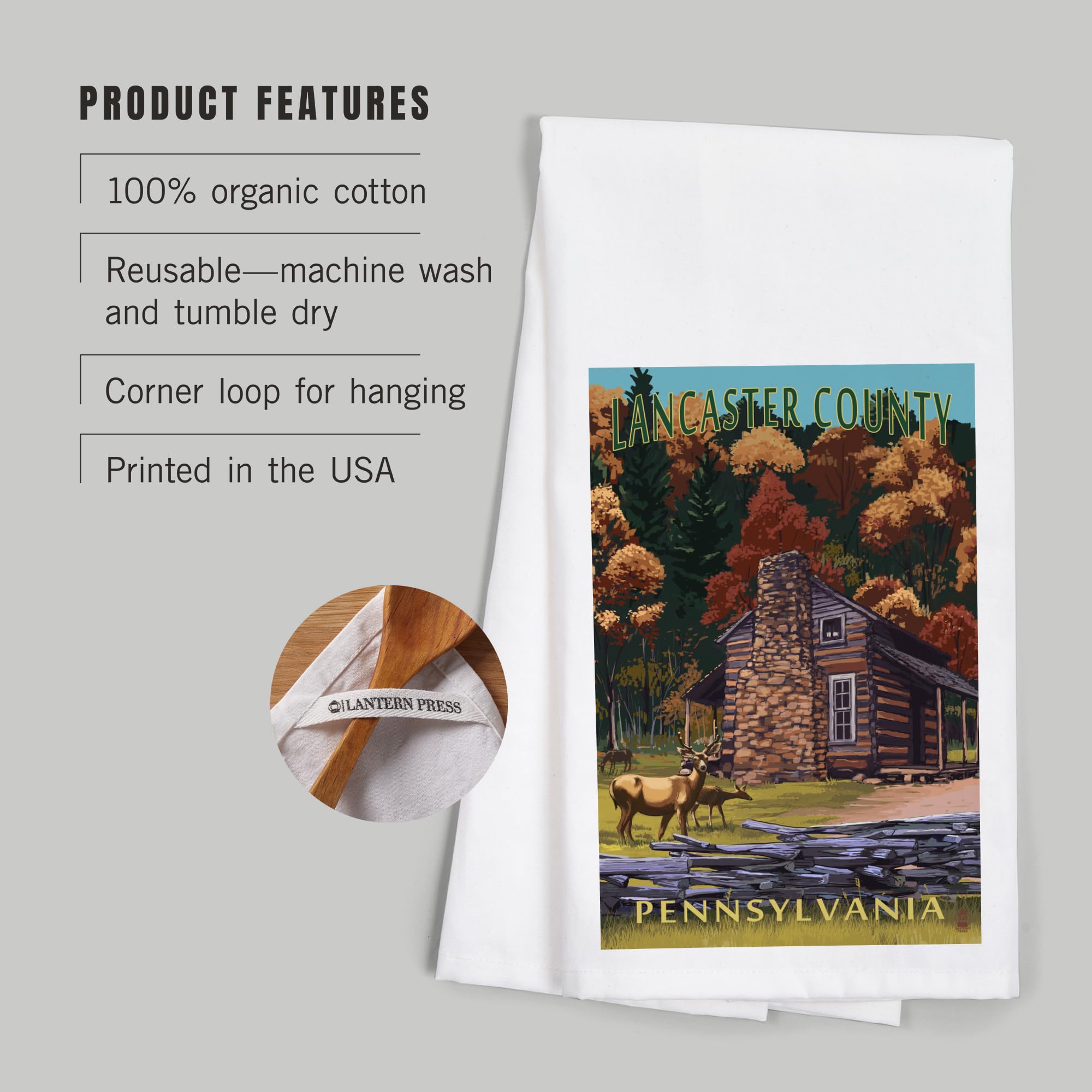 Lancaster County PA Deer Family & Cabin Scene Cotton Tea Towel - Decorative Hand Towel for Kitchen, Bathroom & Home Decor - Perfect for Rustic Farmhouse, Cabin or Country Style Homes