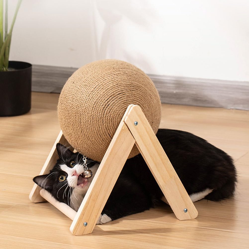 POPETPOP Cat Scratching Ball Toy - Small Rotatable Kitten Scratcher with Sisal & Wood, Interactive Cat Toy for Indoor Kittens to Grind Claws - Perfect for Playtime, Exercise & Stress Relief (Cat Supplies & Accessories)