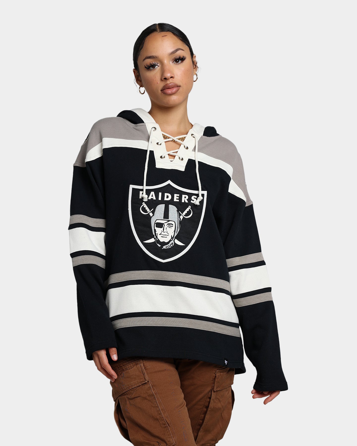 47 Brand Las Vegas Raiders Superior Lacer Hoodie - Jet Black/Grey - Men's NFL Team Pullover Sweatshirt for Game Day & Casual Wear