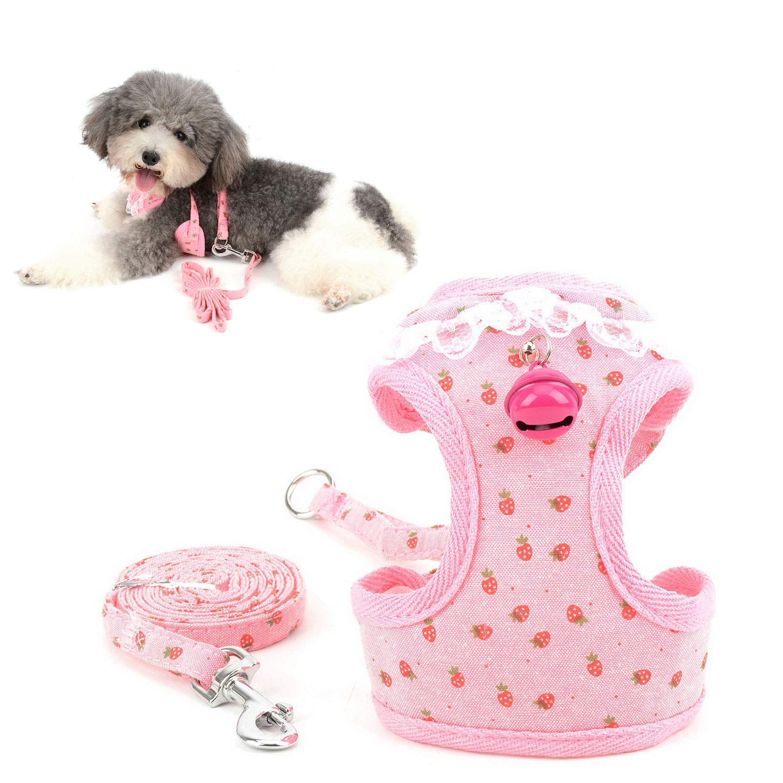 Escape-Proof Small Dog Vest Harness & Leash Set - Soft Mesh Padded Adjustable Puppy Harness with Lace Trim Collar Bell for Walking - No Pull Kitten Cat Harness - Summer Pet Clothes (Pink Strawberry, Medium) - Perfect for Outdoor Adventures, Daily Walks & Pet Fashion