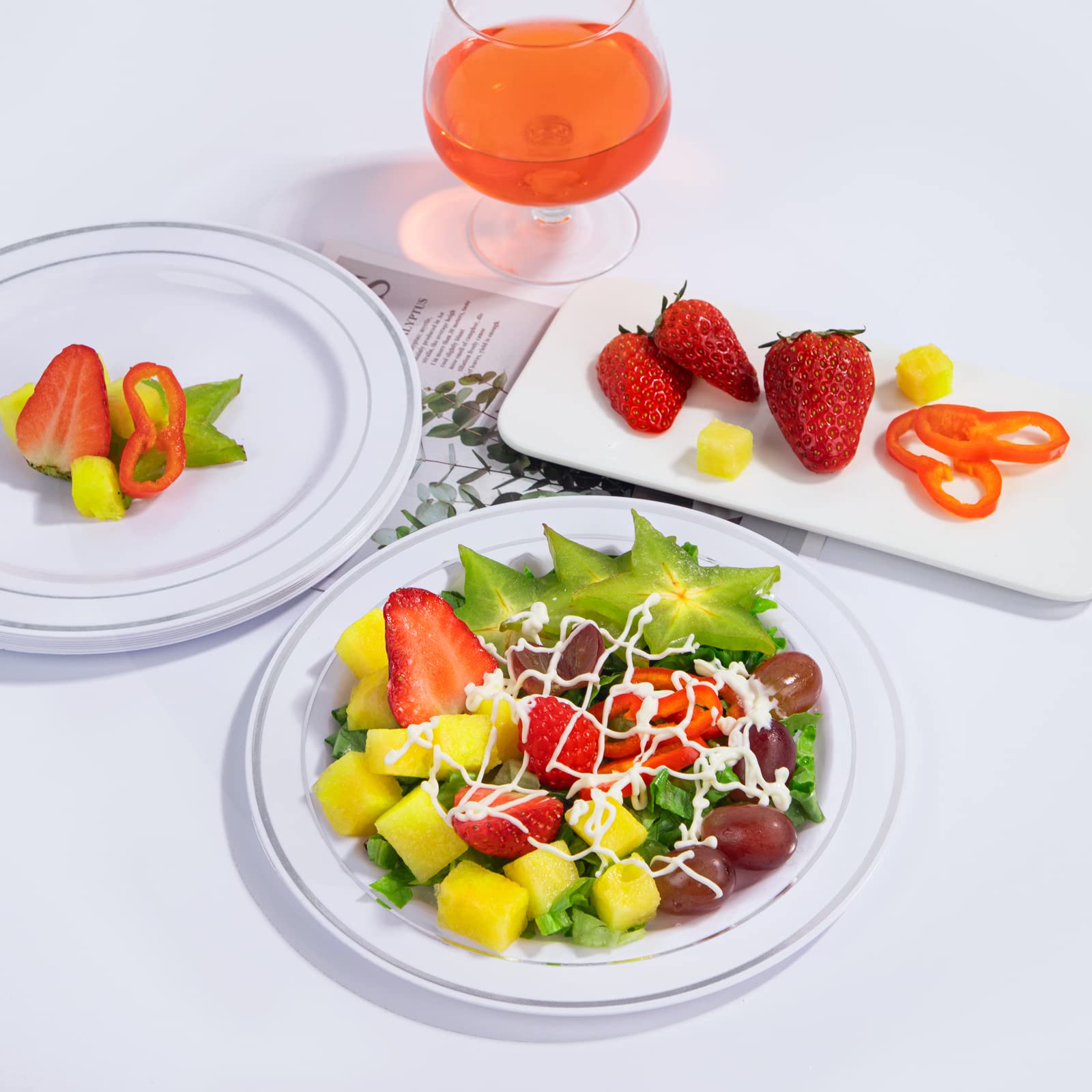 100-Pack Silver Rim Plastic Plates 7.5 Inch - Elegant Disposable Salad & Dessert Plates for Wedding, Party, Christmas - Perfect for Buffets, Catering & Holiday Gatherings