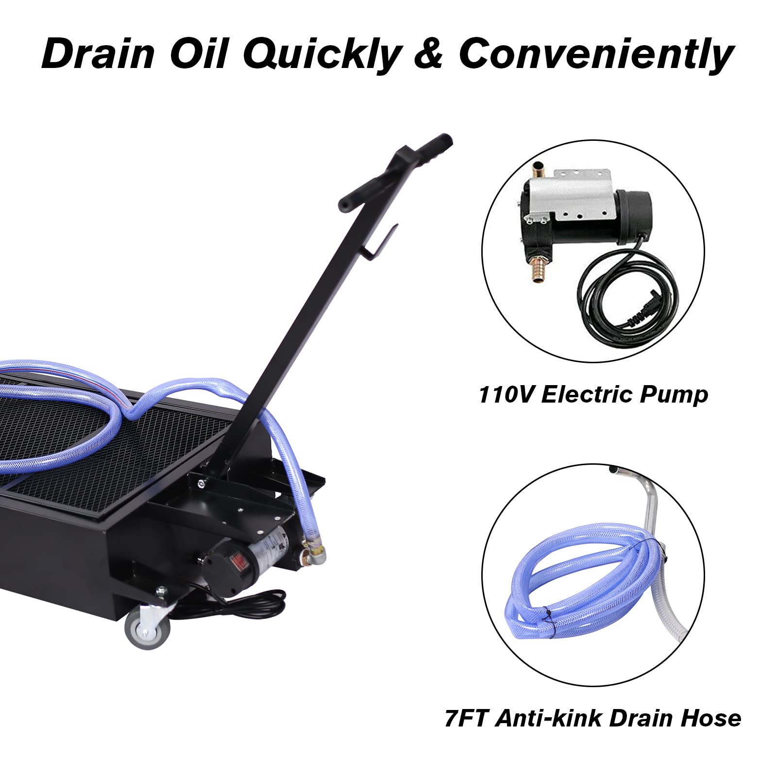 20 Gallon Oil Drain Pan with Electric Pump - Portable Low Profile Oil Change Tank for Cars, SUVs & Trucks - Large Capacity Oil Drain Pan with Hose & Swivel Caster Wheels - Ideal for Garage, Auto Shop & DIY Oil Changes (Black)
