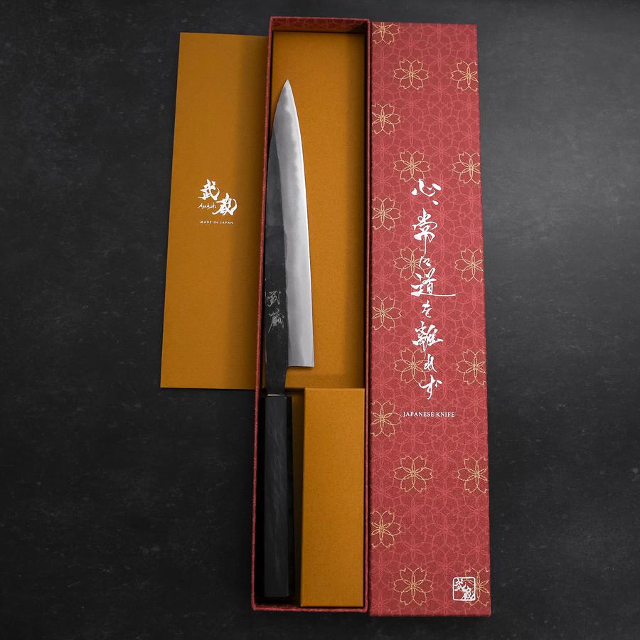 Premium Japanese Sujihiki Knife 210mm - Blue Steel #2 Kurouchi Finish with Dark Blue Urushi Handle - Perfect for Sushi, Sashimi & Meat Slicing