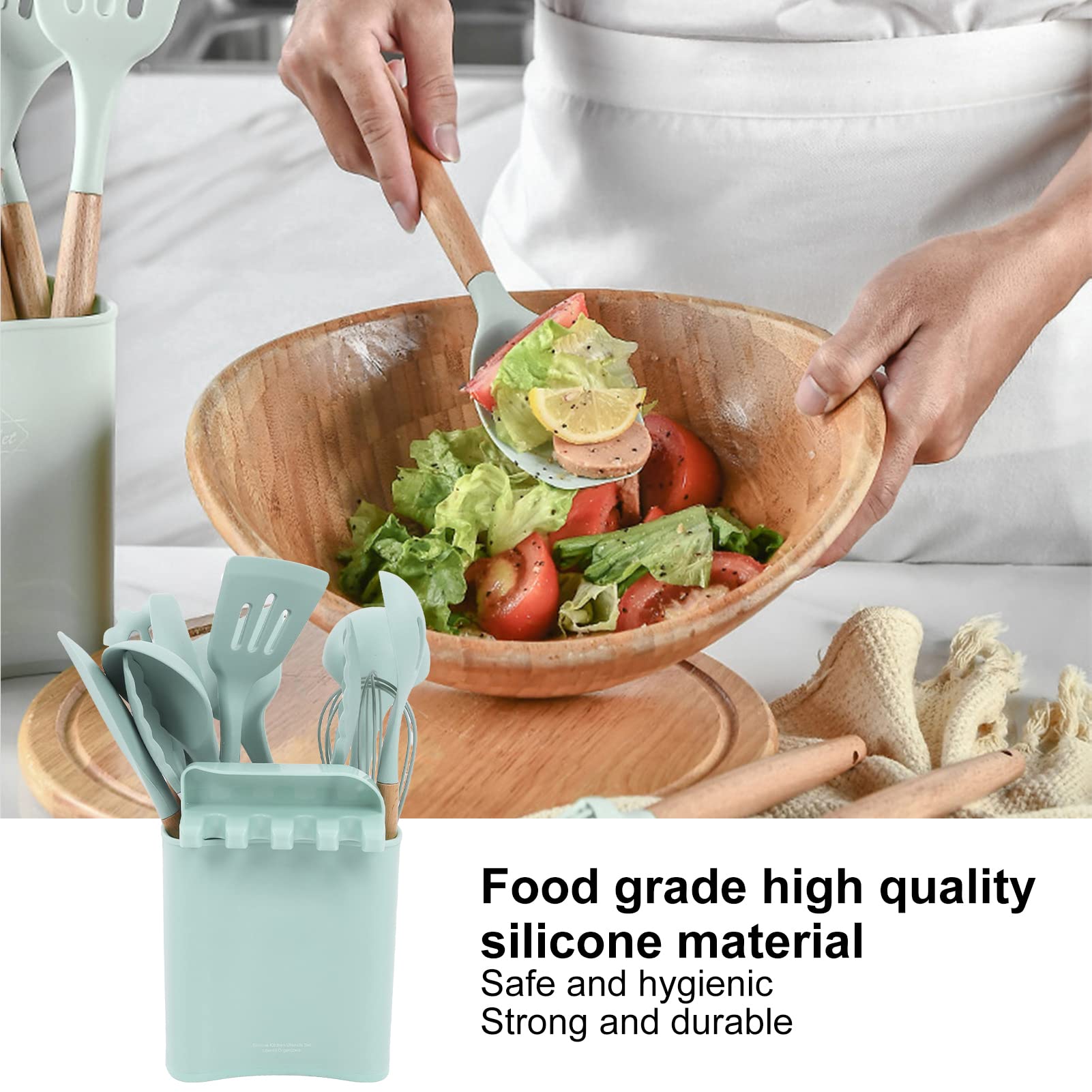 13-Piece Silicone Cooking Utensil Set with Wooden Handles & Holder - Safe for Nonstick Cookware, Heat Resistant Kitchen Tools for Baking, Frying & Everyday Cooking