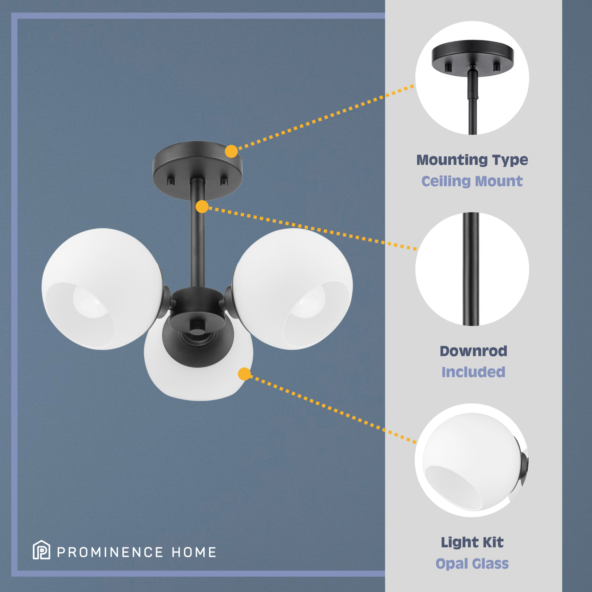 3-Light Stoll Semi Flush Mount Ceiling Light Fixture - Matte Black Finish with Opal Glass Shades - Perfect for Bedroom, Dining Room or Hallway Lighting