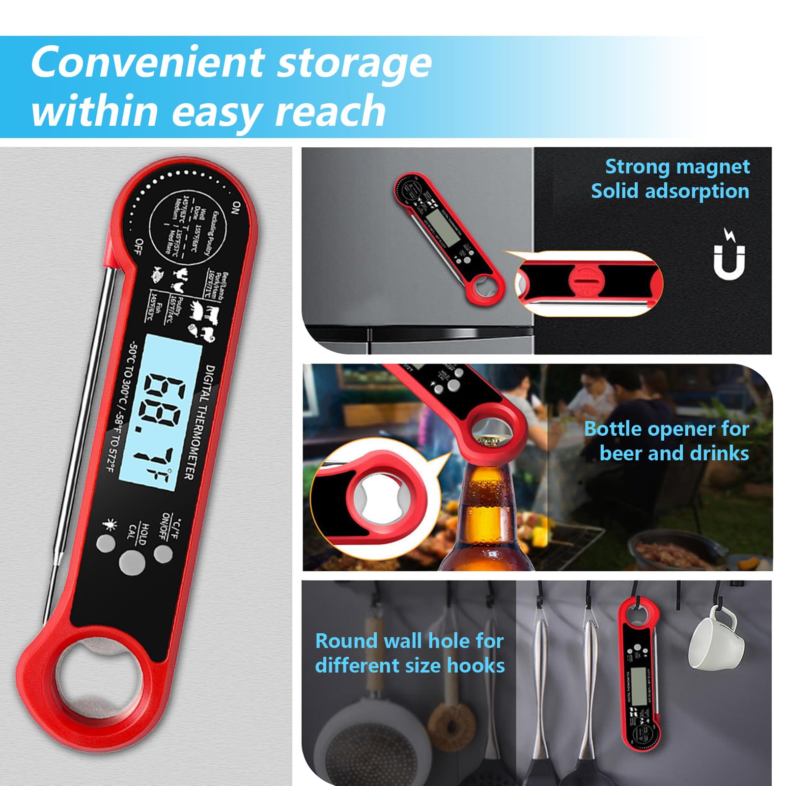 Digital Meat Thermometer for Cooking - Instant Read Food Thermometer with Waterproof Design, Auto-Rotating Backlit Display & Foldable Probe | Perfect for Grilling, BBQ, Air Fryer & Kitchen Use