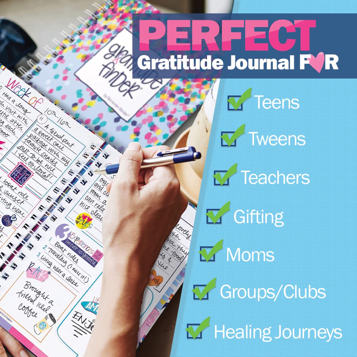 Denise Albright Gratitude Finder® 52-Week Undated Journal for Women, Teens & Girls - Self-Care Diary with 165 Hand-Drawn Stickers, Navy Gingham Design - Perfect for Daily Reflection, Mindfulness Practice & Gift Giving
