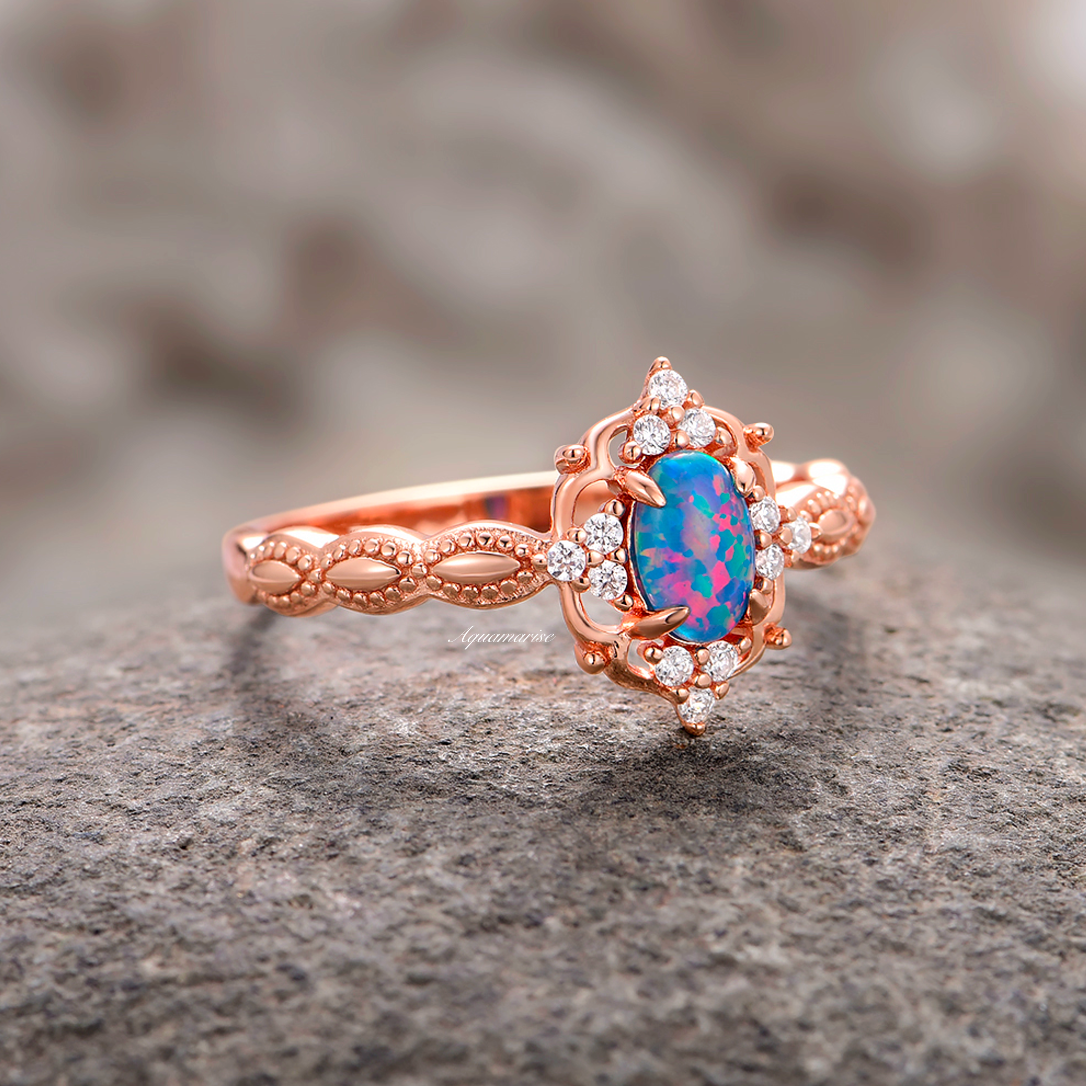 Vintage Blue Fire Opal Ring - 14K Rose Gold Vermeil Jewelry for Women | Elegant Statement Ring for Parties, Weddings & Special Occasions