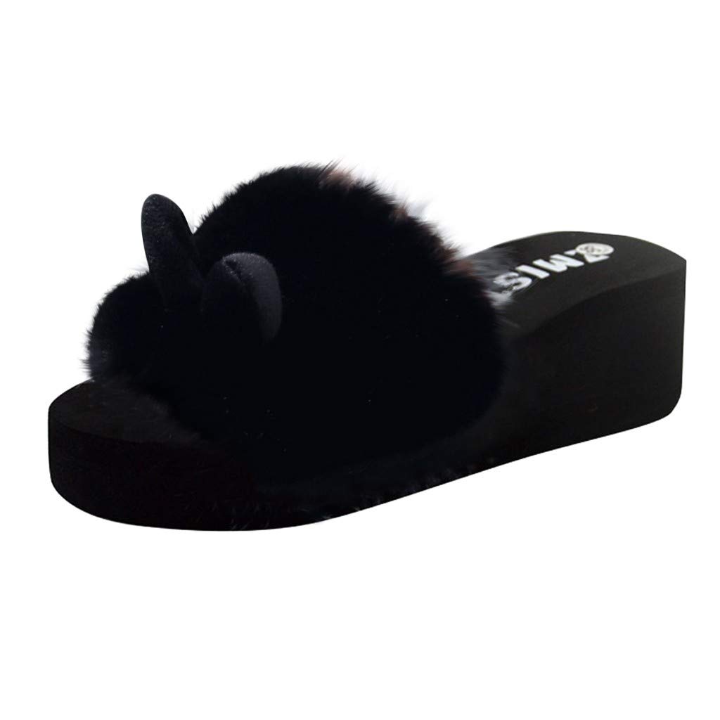 Women's Winter Open Toe Fashion Sandals - Cozy Rabbit Fur Slip-On Slippers with Wedge Heel for Beach & Home Comfort | Warm House Shoes for Ladies