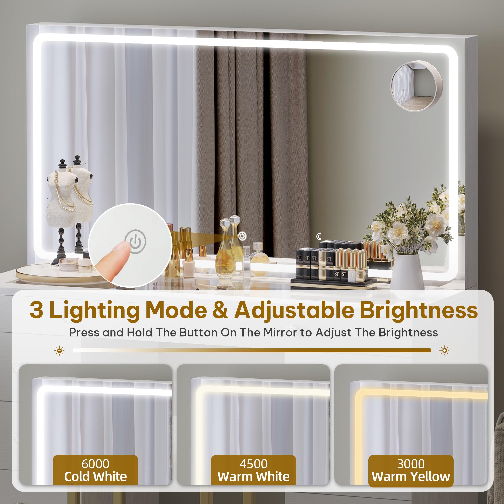 DWVO Vanity Desk with LED Lighted Mirror, Power Outlet & Magnifying Glass - 8 Drawers Makeup Dressing Table with 3 Color Modes, White | Perfect for Bedroom, Dressing Room & Home Salon Organization