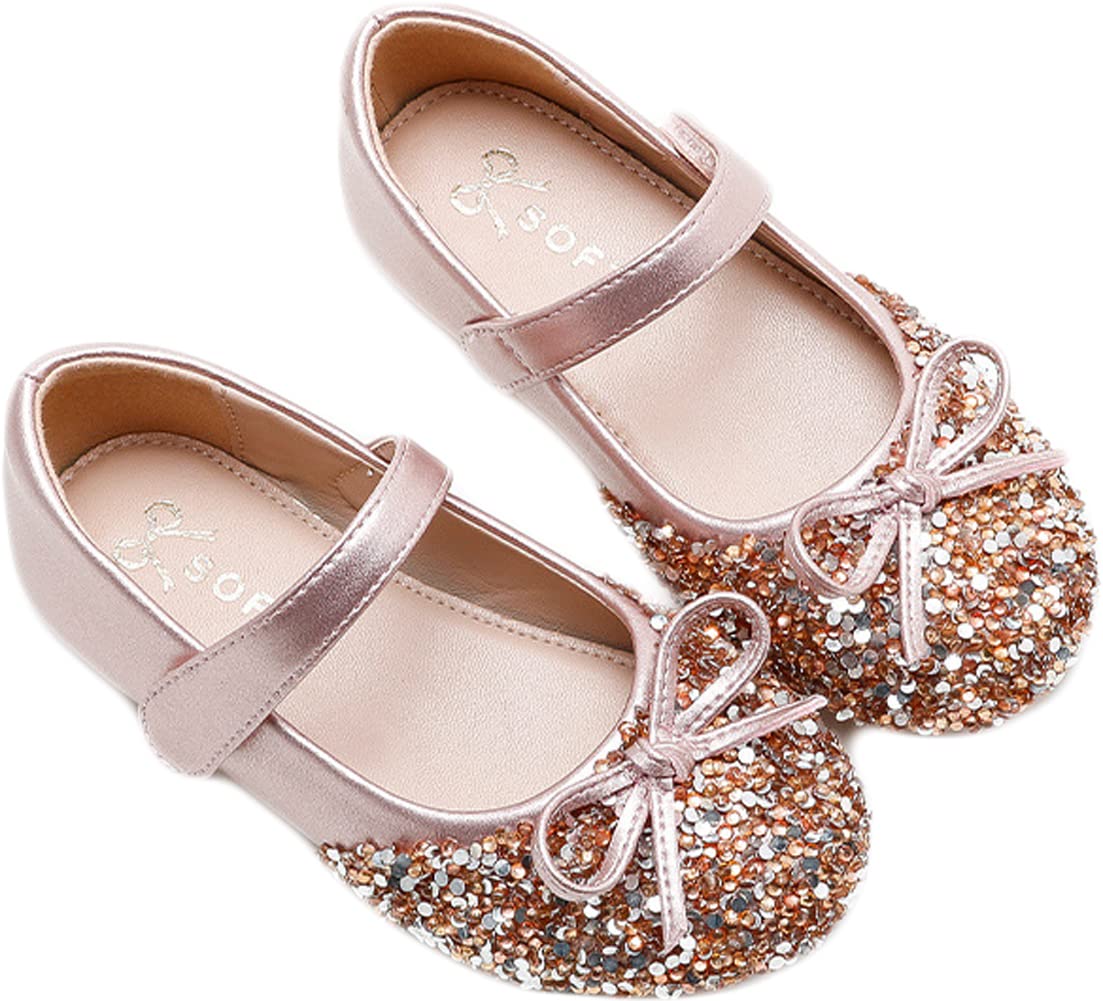 Sparkly Mary Jane Shoes for Girls - Princess Flat Shoes with Sequin Bow & Ankle Strap | Soft & Comfortable Kids Shoes for School, Party & Special Occasions