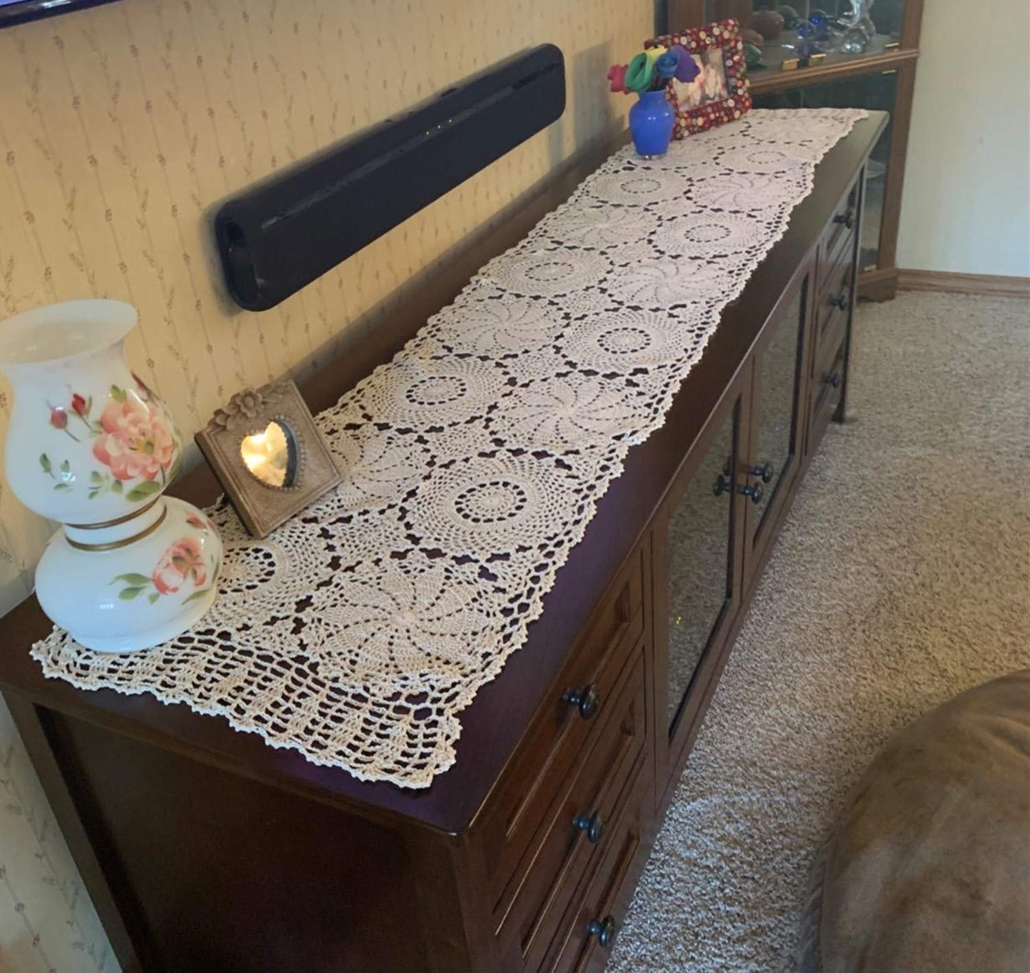 Hand Crochet Beige Cotton Lace Table Runner - 15