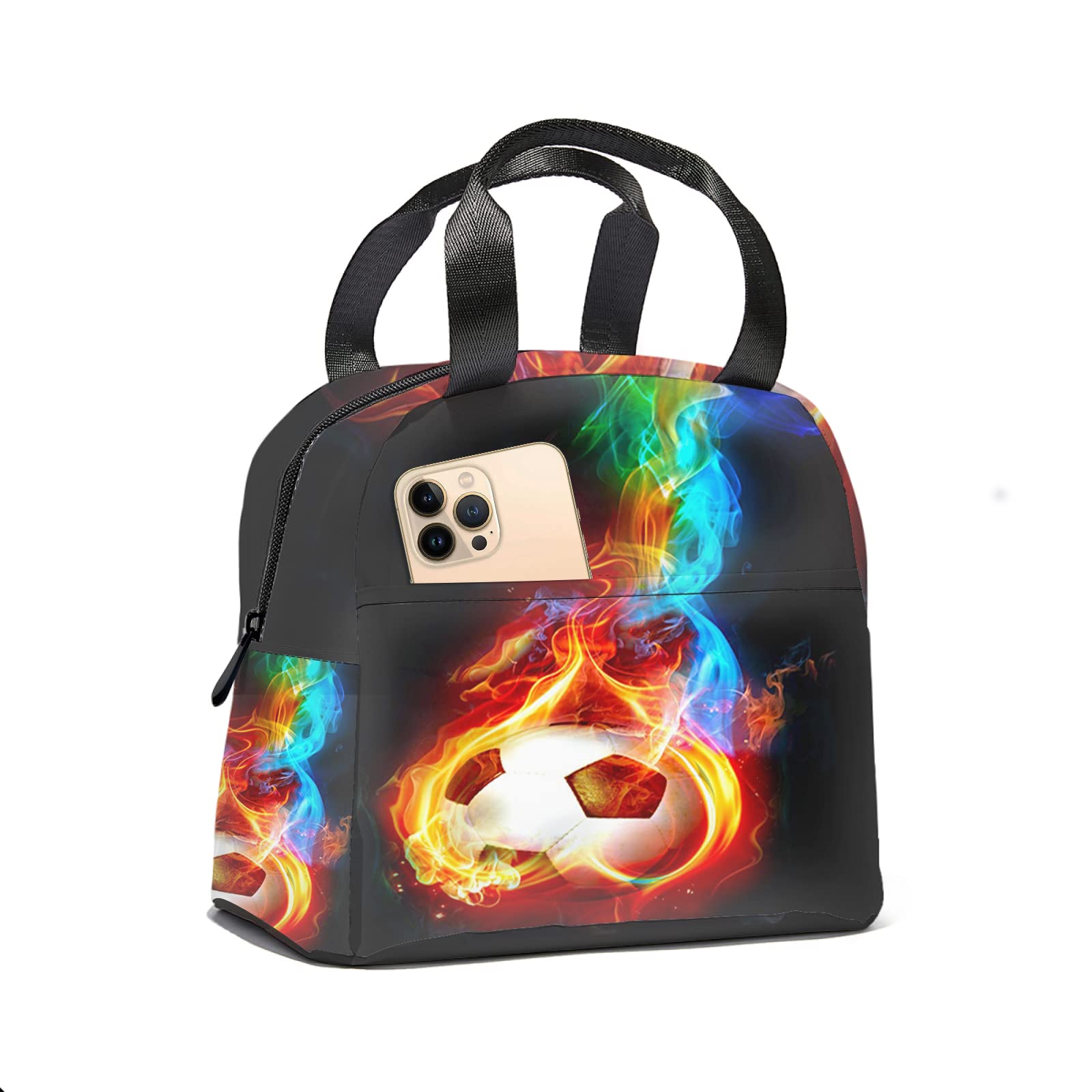 **Insulated Lunch Bag for Women - Extra Large Flaming Soccer Ball Design, Leakproof Lunch Box for Work, School, Picnic, Hiking & Beach | Durable Lunch Tote for Meals On-The-Go**