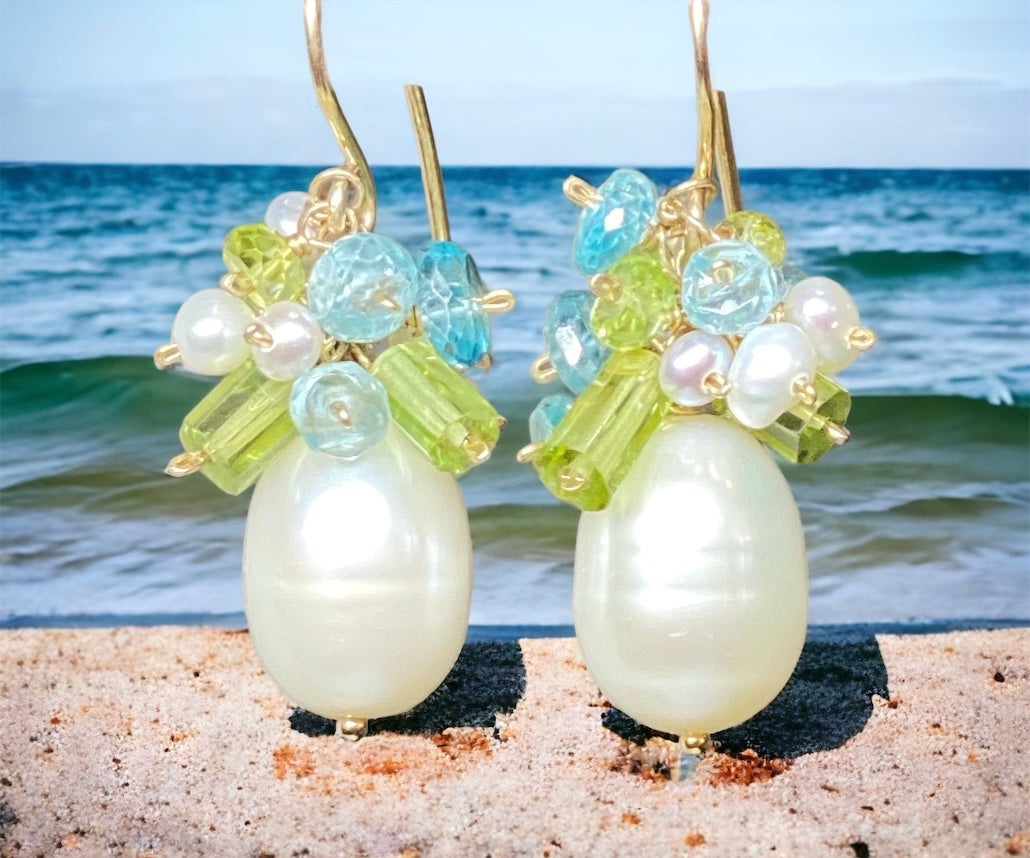 Pearl and Peridot Blue Zircon Cluster Earrings in Gold Fill - Elegant Dangle Earrings for Women, Perfect for Weddings, Parties & Special Occasions