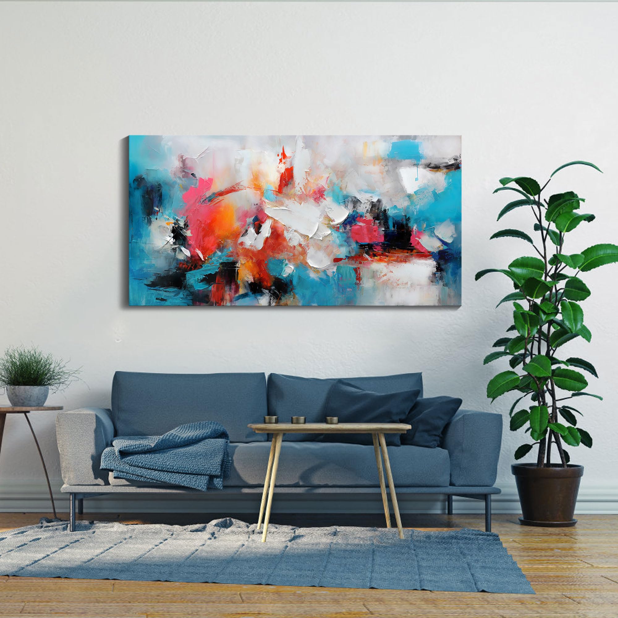 Large Abstract Wall Art Canvas - Hand-Painted Blue and Pink Modern Painting for Living Room, Bedroom, Office & Dining Room Decor - 29×58 Inch Wall Decor for Home & Workspace