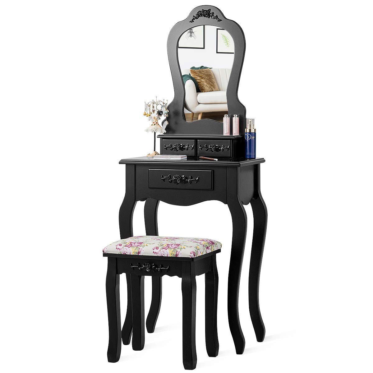 Vanity Table Set with Stool & Mirror - Multifunctional Makeup Dressing Table, Writing Desk with Drawers, Fan-Shaped Mirror & Cushioned Stool - Contemporary White Dressing Table for Bedroom, Home Office & Beauty Salon Use