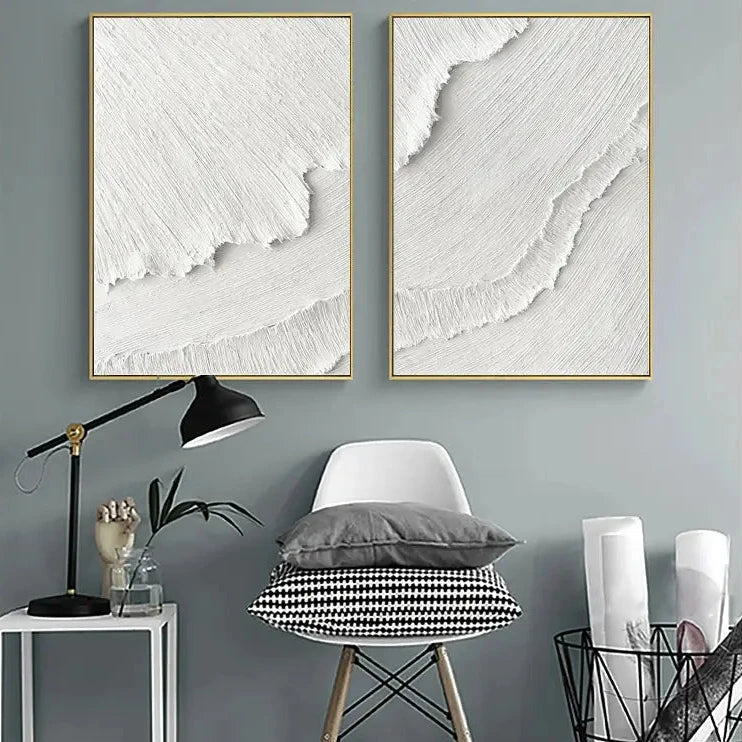 Minimalist White Textured Canvas Paintings - Set of 2 Modern Abstract Wall Art (MM065) | Perfect for Living Room, Bedroom & Office Decor