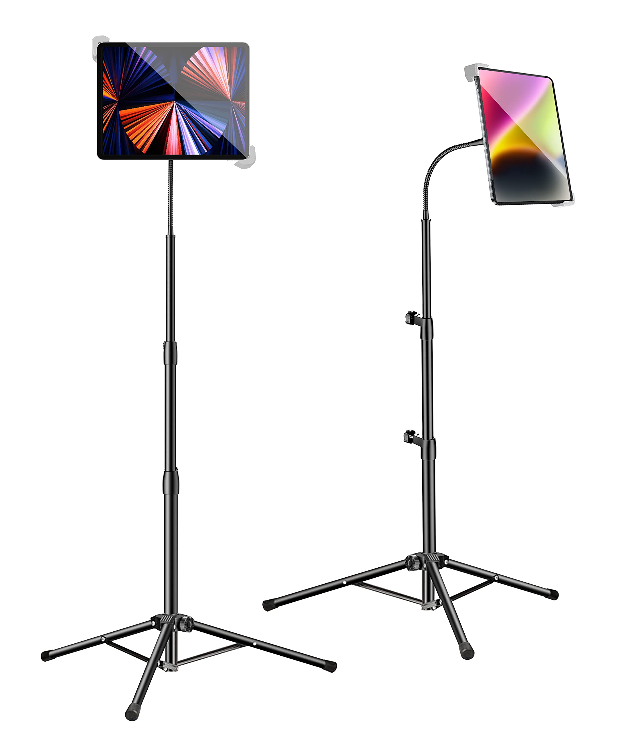 Adjustable Metal Gooseneck iPad Tripod Stand with 2 Holders - Compatible with iPad Pro 12.9, iPad Air, iPad Mini, Samsung Galaxy Tab & All 9.7-15 inch Tablets/Phones - Perfect for Home Office, Video Calls, Reading & Photography