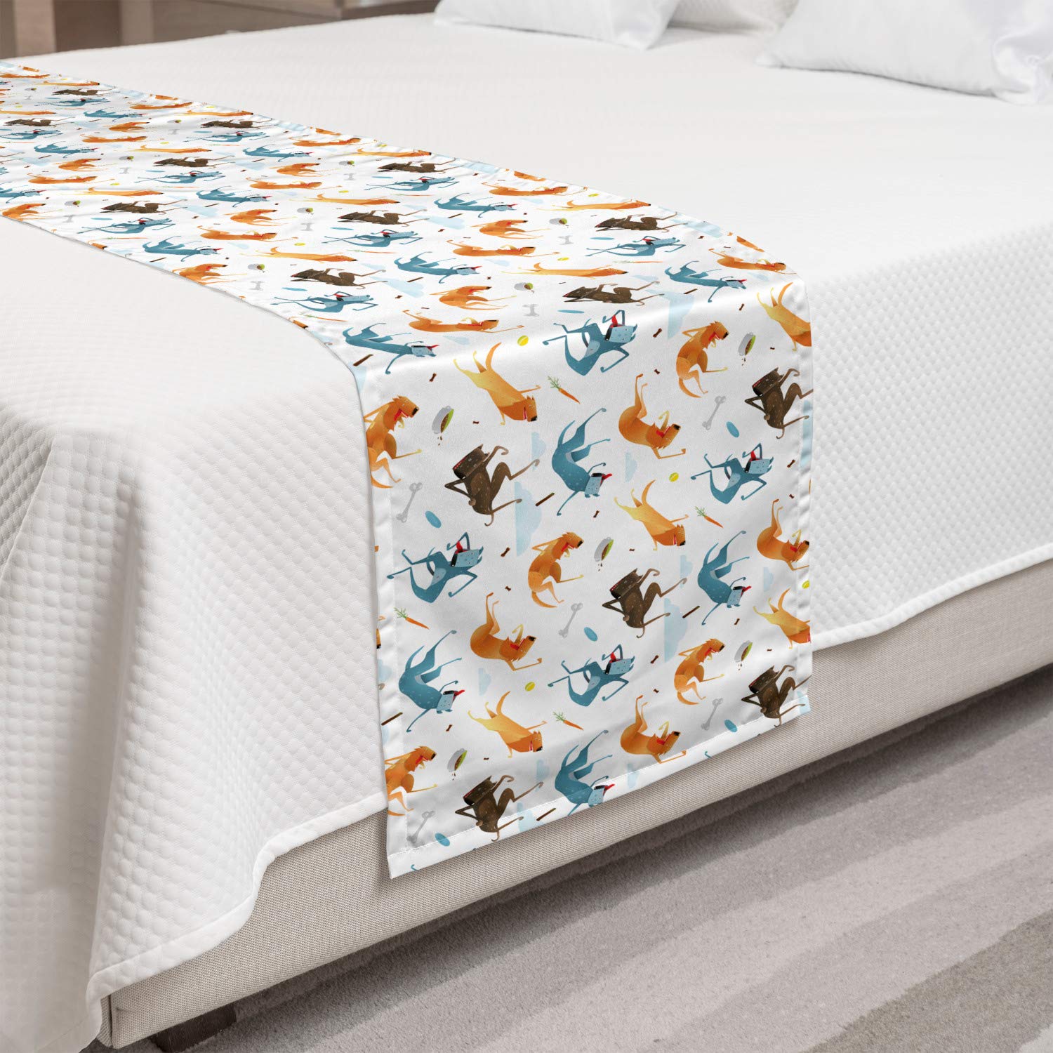 Ambesonne Dog Bed Runner - Funny Flying Dogs with Food Bowl & Bones Pet Illustration - Decorative Accent Scarf for Hotels, Homes & Guest Rooms in Slate Blue Ginger - Perfect for Pet Lovers' Bedrooms & Cozy Living Spaces