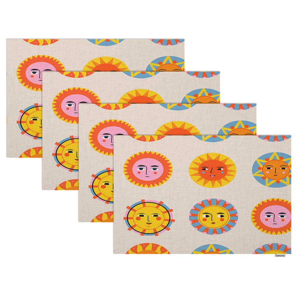 Swono Suns with Faces Placemat Set of 4 - Colorful Abstract Ethnic Style Oilproof Table Mats 12x18 Inches for Dining Table & Kitchen Decor | Perfect for Home Entertaining, Daily Meals & Bohemian Style Decor