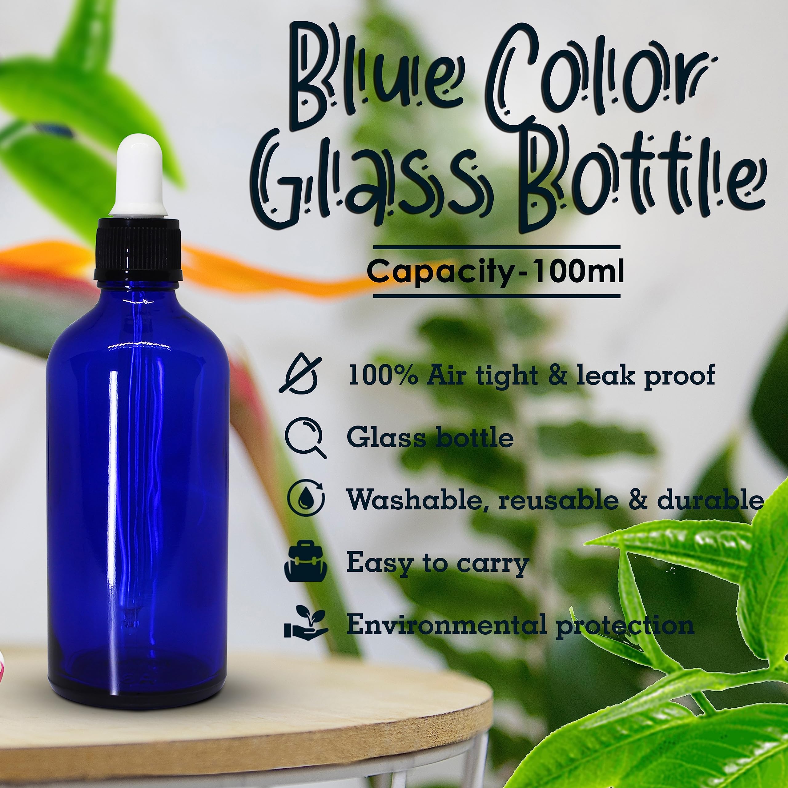 NSB Herbals 100ml Cobalt Blue Empty Glass Bottle with Dropper - Leak Proof Refillable Essential Oil Bottles for Aromatherapy, Perfumes & Face Oils - Includes Glass Dropper, Black Ring & White Silicone Teat (Pack of 3) - Perfect for DIY Blends, Travel & Home Spa Use