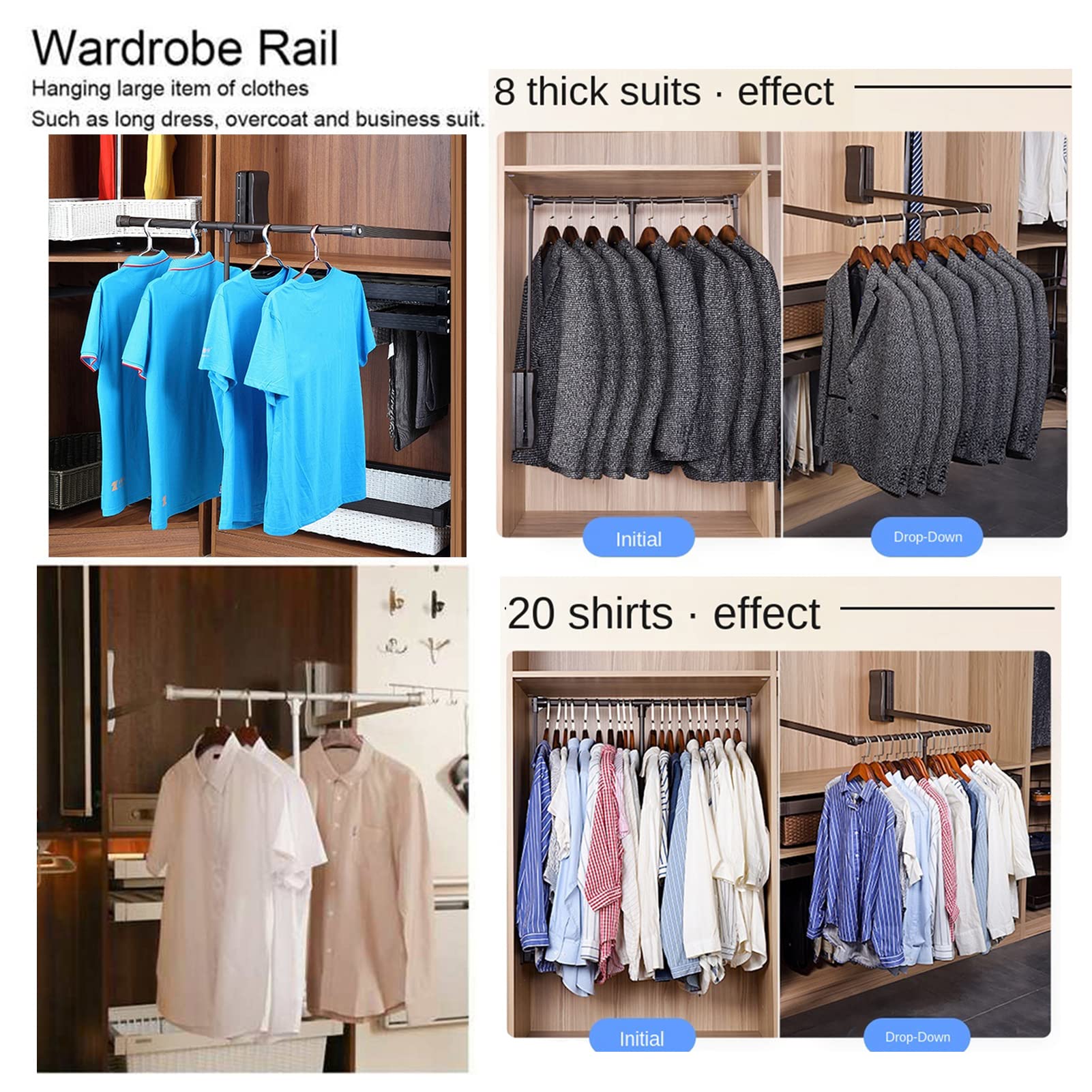 Adjustable Pull Down Closet Rod - Extendable 600-830cm Wardrobe Hanging Bar for Space Saving Storage (Black) | Perfect for Small Closets, Apartments & RV Organization