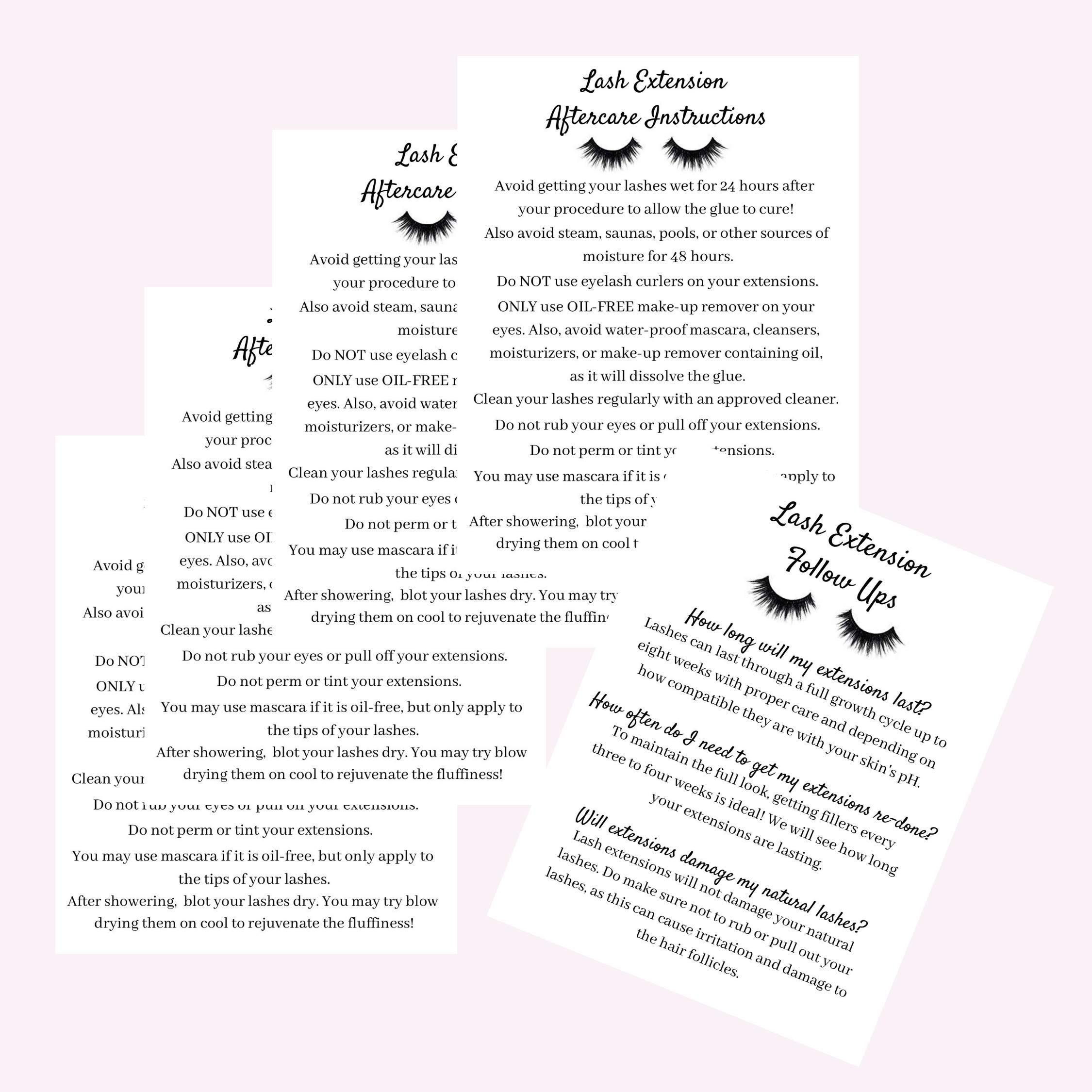 Professional Lash Extension Aftercare Instruction Cards for Clients - 4.25