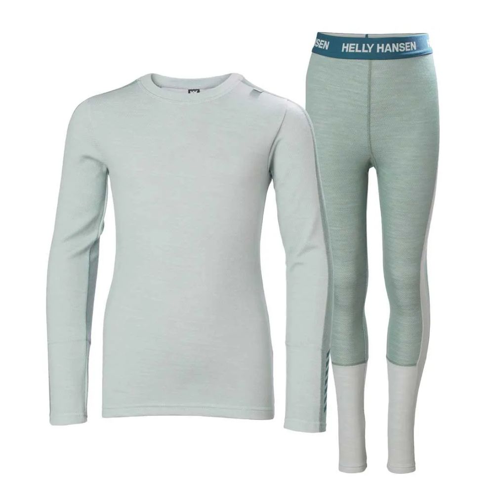 Helly Hansen Junior Lifa Merino Ski Thermals Midweight Set - Green Mist - Kids' Winter Base Layer for Skiing & Snowboarding - Warm & Breathable Thermal Underwear for Cold Weather Activities