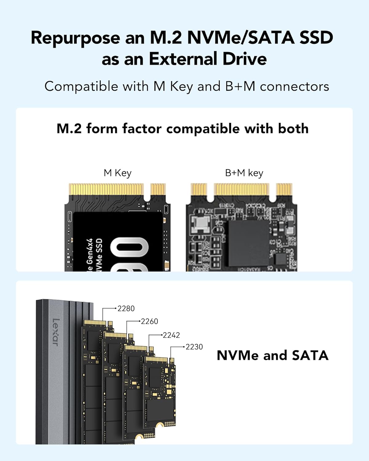 Lexar E350 M.2 NVMe SATA Enclosure - USB 3.2 Gen 2 (10Gbps) External SSD Case with 1050MB/s Speed - Perfect for MacBook, Windows Laptop & PC Data Storage & Transfer