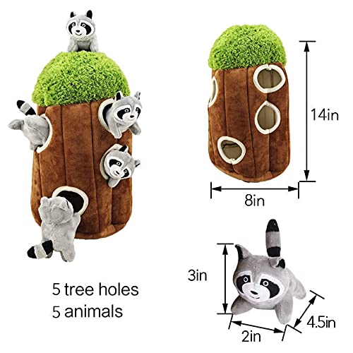 Interactive Plush Raccoon Hide & Seek Dog Toy with Squeaker - Fun Burrow Game for Small & Medium Dogs - Realistic Tree Trunk Design with Hidden Raccoon - Perfect for Indoor Play, Training & Stimulating Your Pet's Natural Hunting Instincts