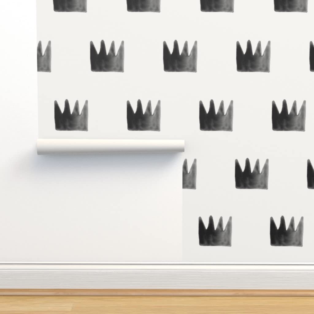 Peel & Stick Wallpaper 12ft x 2ft - Watercolor Crowns Black & White Modern Nursery Decor | Removable Self-Adhesive Wallpaper for Baby Room, Kids Bedroom & Home Office | Gender Neutral Design by Spoonflower