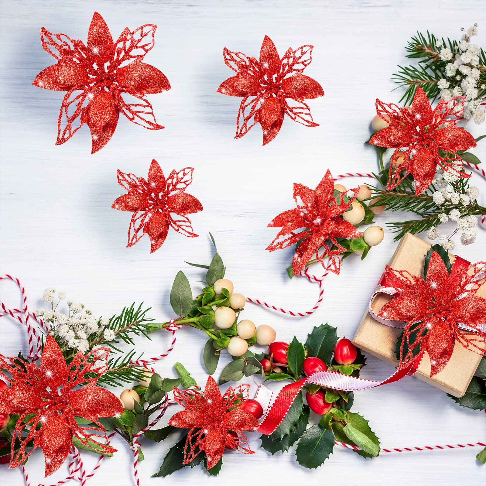 24-Piece Red Glitter Artificial Poinsettia Flowers - Christmas Tree Decorations, Wedding Centerpieces & New Year Party Decor - Holiday Home & Office Decorative Accents