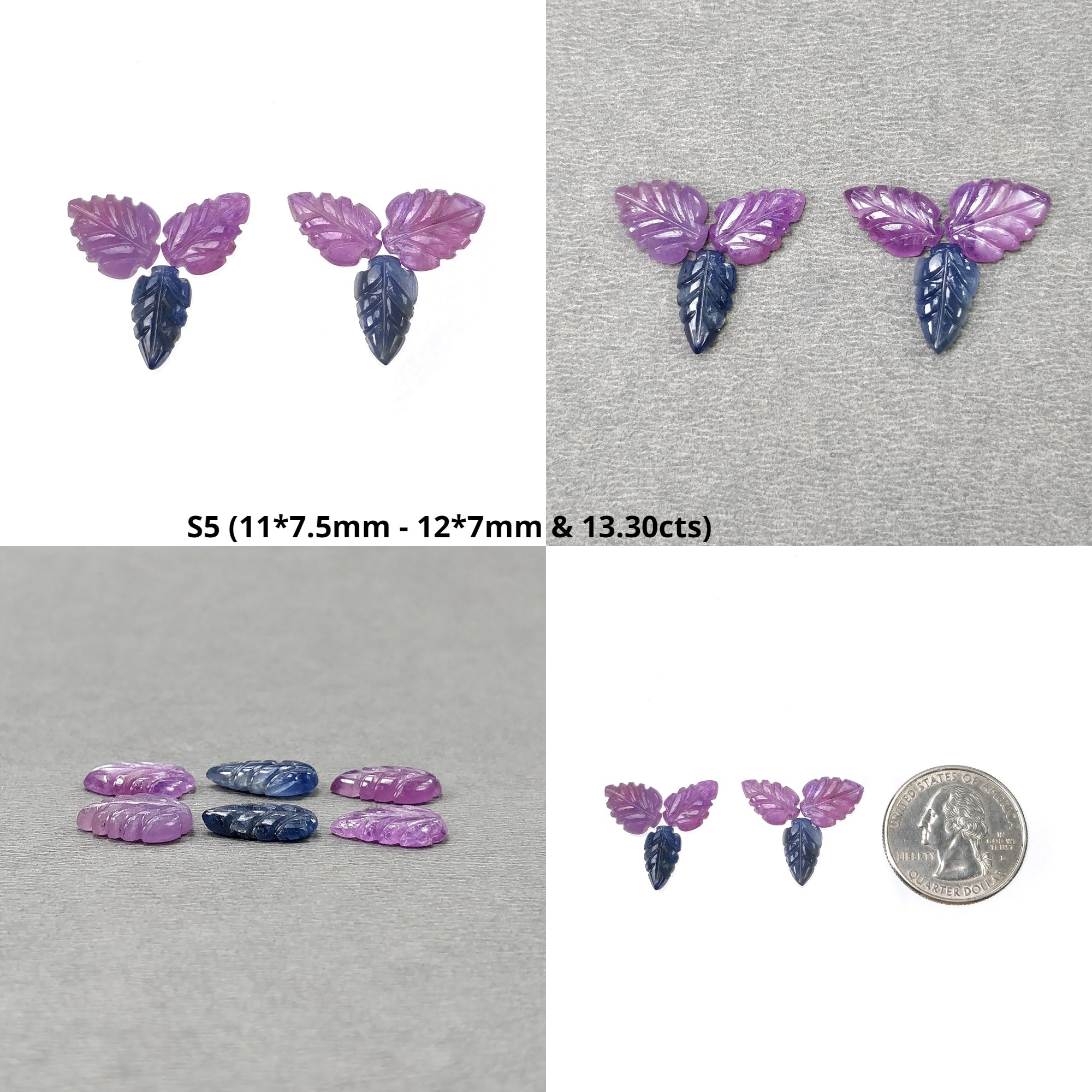 Natural Untreated Unheated Bi-Color Sapphire Gemstone Leaf Carving - 6pcs Handcrafted Earring Set for Jewelry Making | Perfect for Boho, Wedding & Special Occasion Accessories