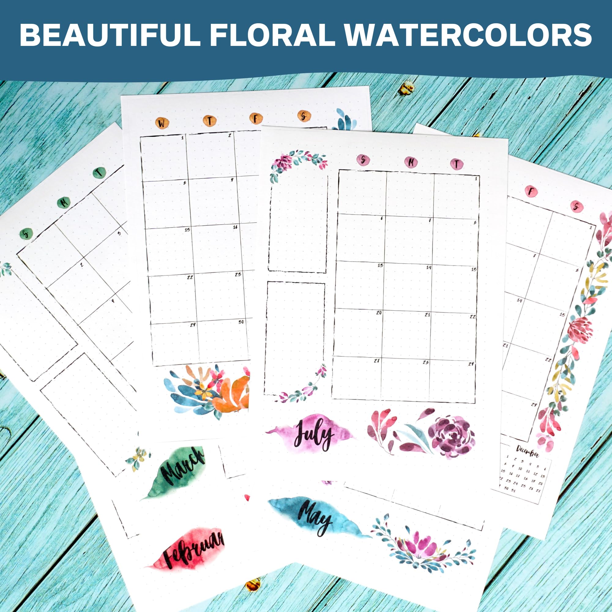 2025 Monthly Planner Stickers for A5 Bullet Journals - 12-Month Floral Design Calendar Stickers (5.3