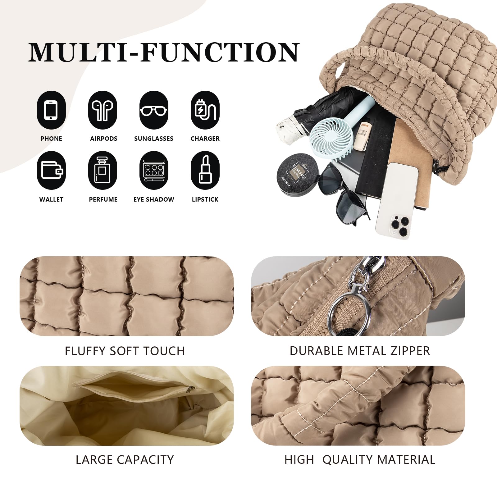 Quilted Puffer Tote Bag for Women - Large Crossbody Shoulder Bag with Zipper, Nylon Bubble Hobo Handbag Carryall | Perfect for Work, Travel & Shopping