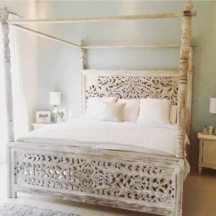 Hand Carved Wooden Bed - Antique Indian Design Queen & King Size Bed Frame | Perfect for Master Bedroom, Guest Room & Luxury Home Decor