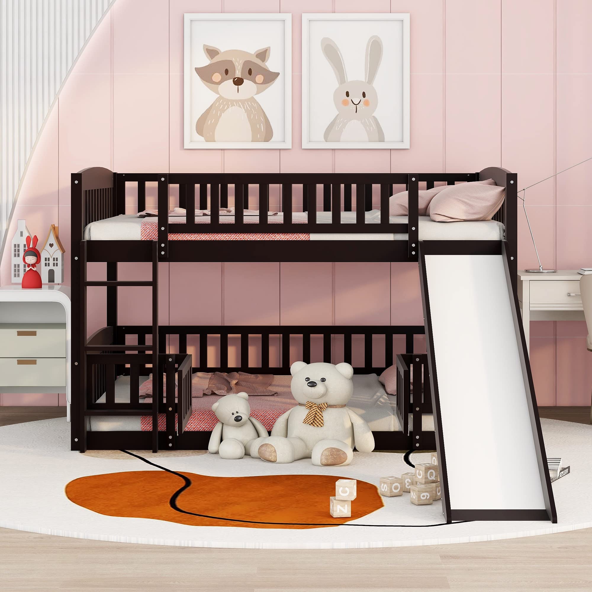 Harper & Bright Full Over Full Wooden Low Bunk Bed with Slide, Safety Fence & Ladder - Espresso Kids Bunk Bed for Boys & Girls - Perfect for Small Bedrooms, Shared Kids Rooms & Space-Saving Sleep Solutions