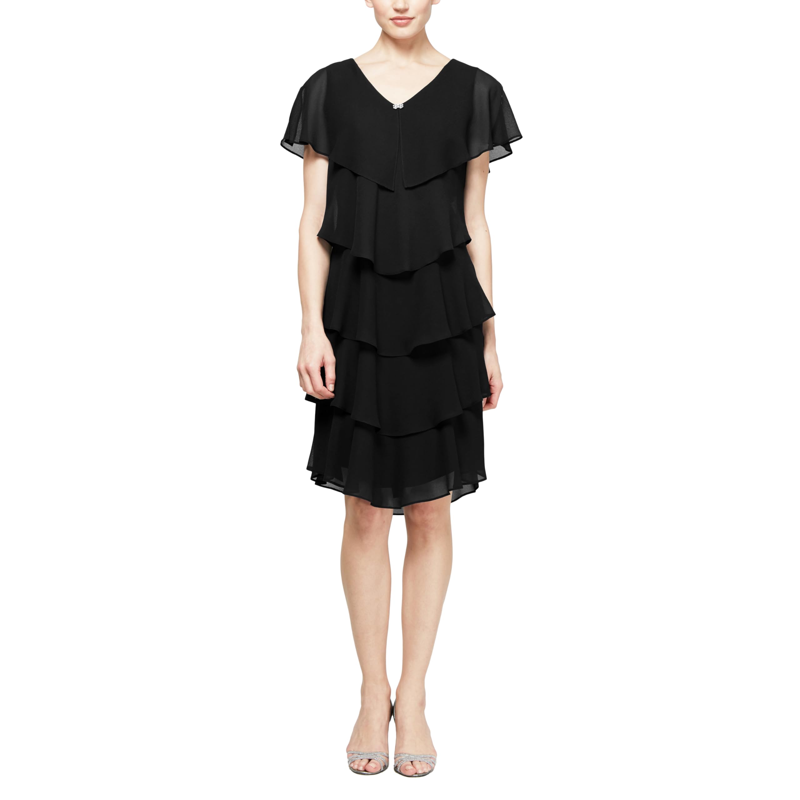 S.L. Fashions Women's Short Sleeve Tiered Chiffon Cocktail Dress - Elegant Wedding Guest Gown for Parties & Special Occasions (Petite & Regular Sizes) | Perfect for Bridal Showers, Evening Events & Formal Gatherings