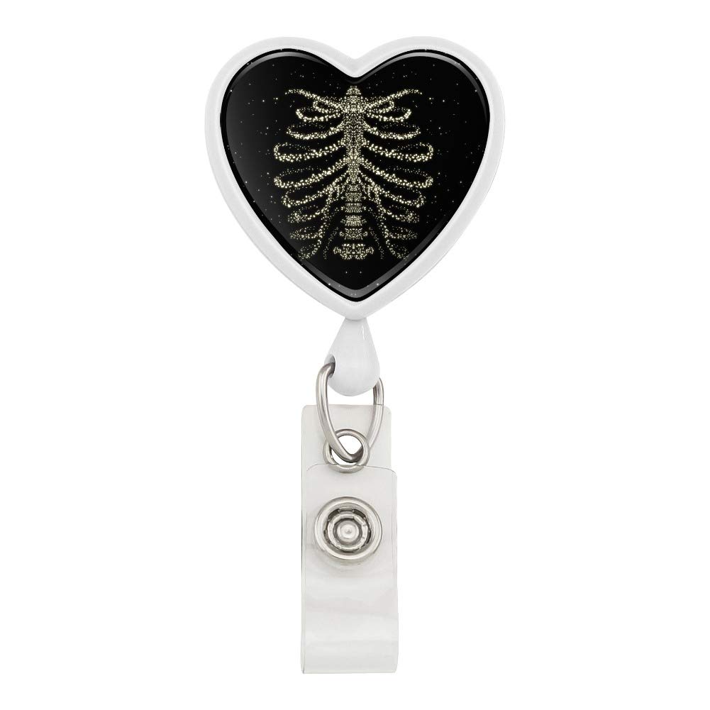 Retractable ID Badge Reel with Rib Cage Skeleton & Galaxy Heart Design - Perfect for Nurses, Teachers, and Office Professionals