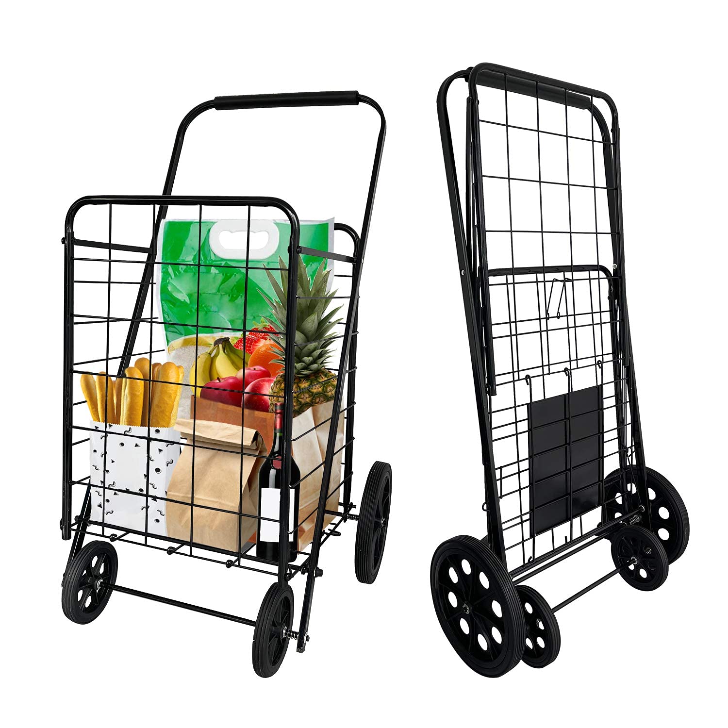 Heavy Duty Metal Folding Grocery Cart with Large Capacity - Upgraded Rubber Wheels for Stability & Durability - 50KG Load Bearing - Convenient Lightweight Shopping Cart for Supermarket, Farmers Market & Home Use (Black)