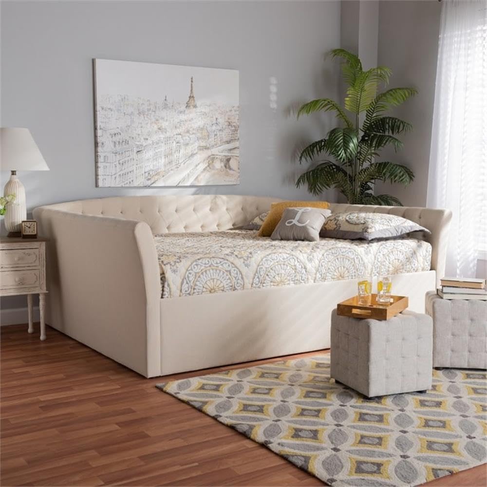 BOWERY HILL Modern Fabric Upholstered Queen Size Daybed in Beige - Stylish Sofa Bed for Small Spaces, Guest Room & Home Office - Perfect for Lounging, Napping & Extra Sleeping Space