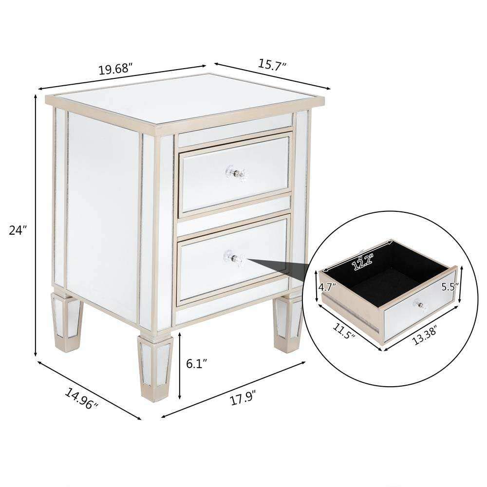 Mirror Finished 2 Drawer Nightstand - Silver & Rose Gold Bedside Table with Storage | Perfect for Bedroom, Living Room & Small Spaces