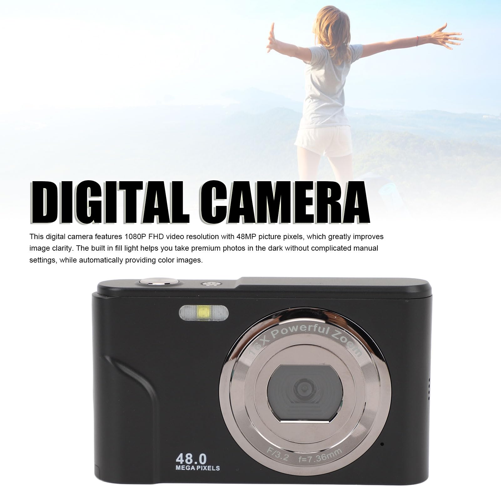48MP Digital Camera with 1080P HD Video & 16x Zoom - Compact Point and Shoot Camera for Beginners & Adults (Black) - Perfect for Travel, Vlogging, and Everyday Photography
