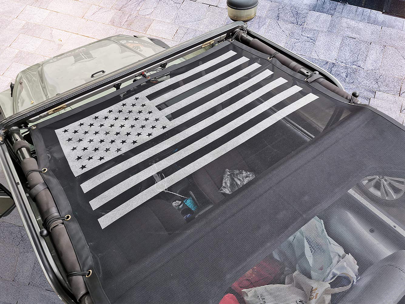 Jeep Wrangler TJ Bikini Top Sunshade Mesh Cover (1997-2006) - UV Protection, Wind & Noise Reduction, USA Flag Design - Perfect for Off-Roading, Beach Trips & Summer Adventures