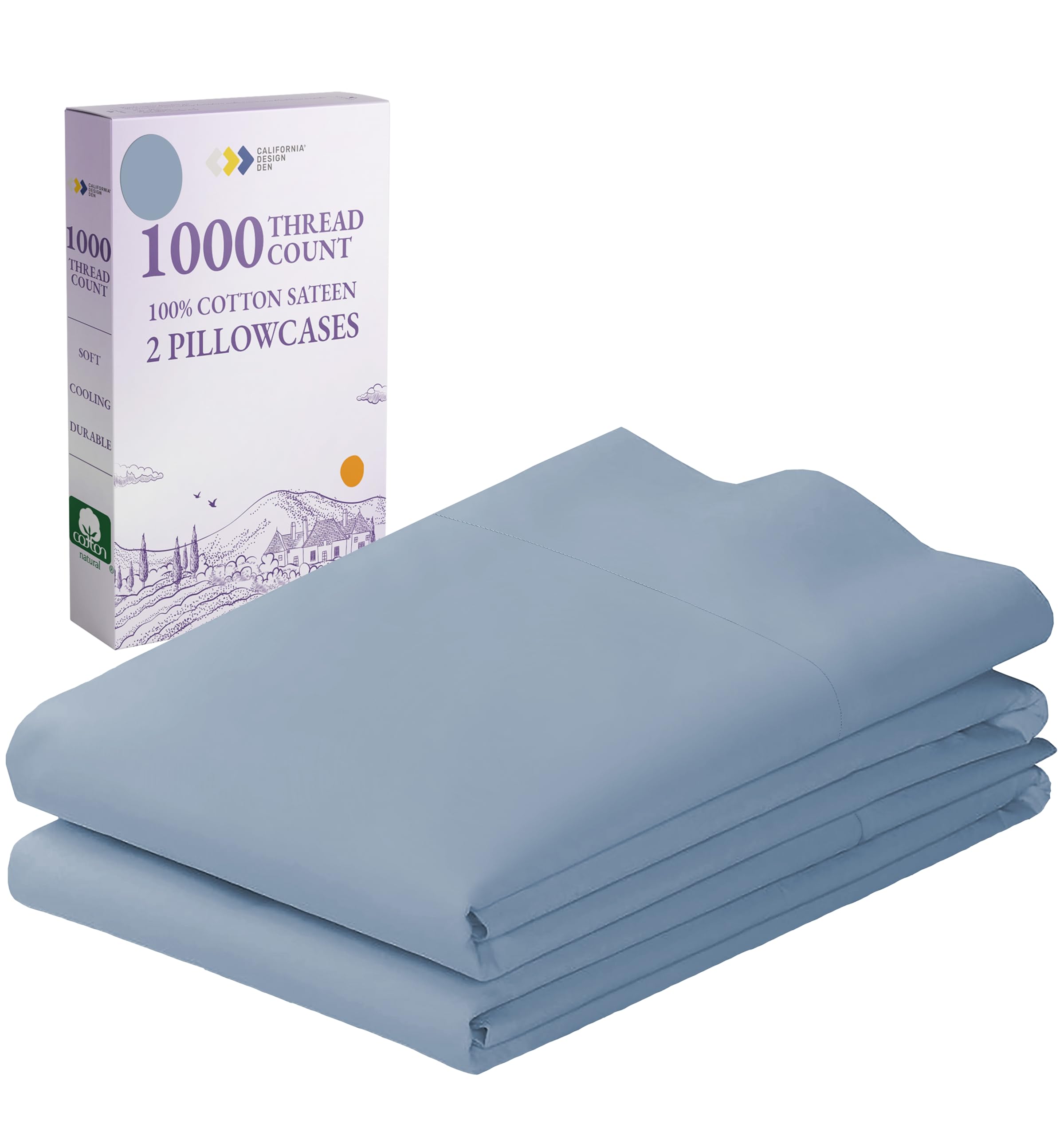 California Design Den 100% Cotton Sateen Weave Pillowcases - 1000 Thread Count, Ultra Soft & Smooth, Hotel Quality - Set of 2 Classic Blue Standard Size (Fits Standard & Queen Pillows) - Perfect for Bedroom Decor, Guest Rooms & Luxury Home Styling