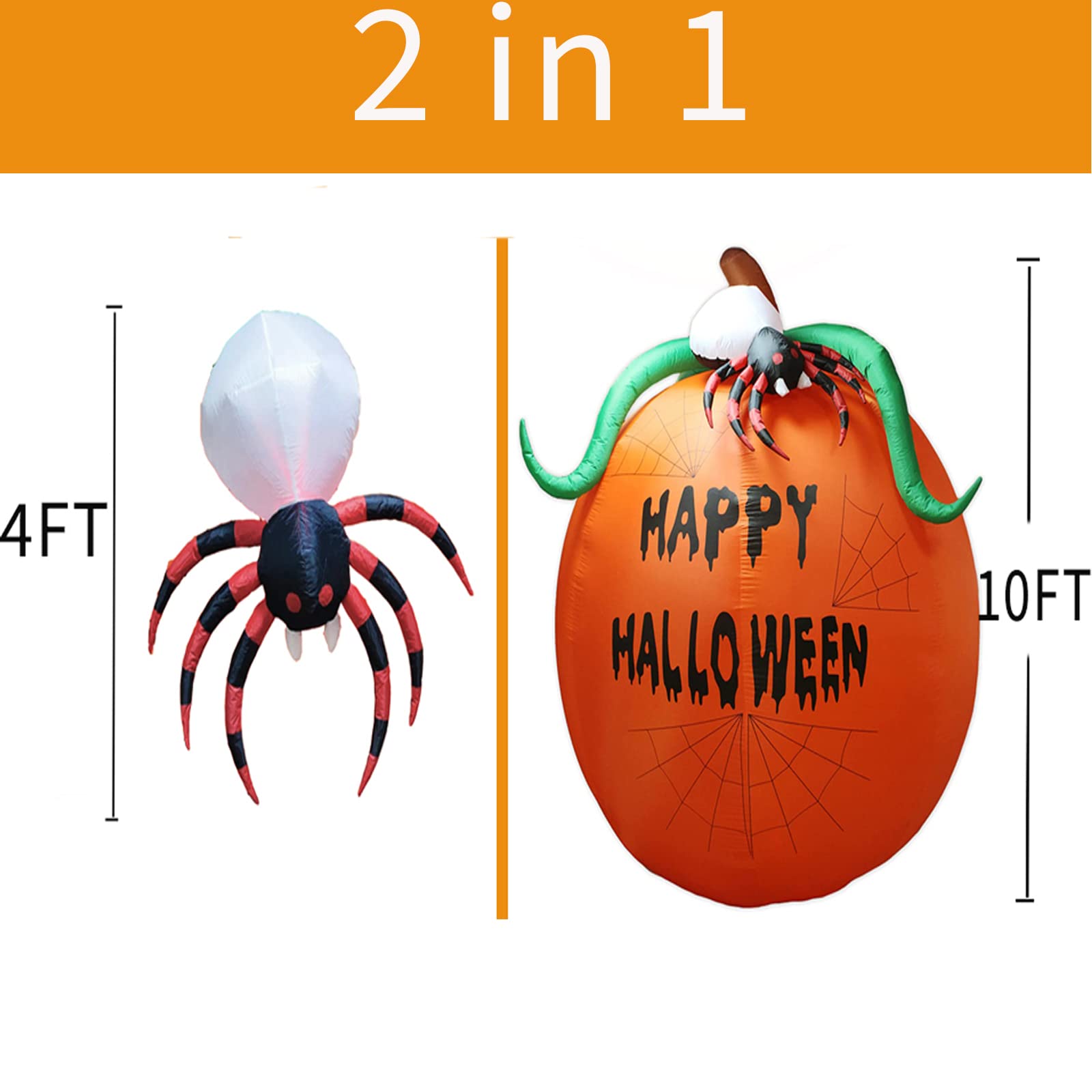 10ft Halloween Inflatable Pumpkin with LED Lights - Outdoor/Indoor Decor, Giant Spider Pumpkin Yard Inflatable for Holiday, Lawn, and Home Decoration | Perfect for Halloween Parties, Front Yard Displays & Spooky Night Lighting