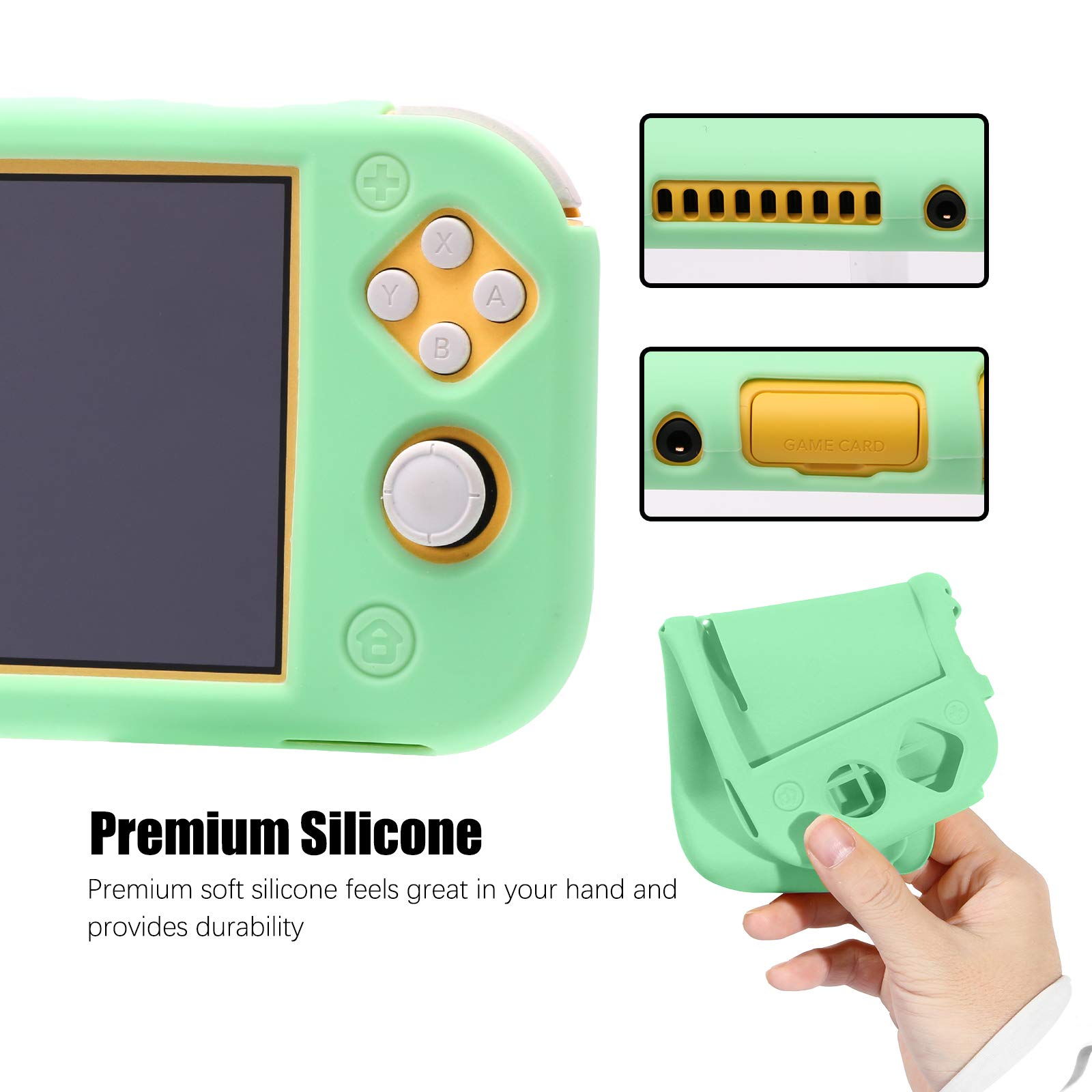 Premium Silicone Protective Case for Nintendo Switch Lite - Shockproof Cover with Tempered Glass Screen Protector & 6 Thumb Grips (Animal Crossing Green) - Perfect for Gaming, Travel & Everyday Use